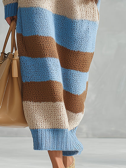 Striped Chunky Knit Long Sleeve Sweater Maxi Dress