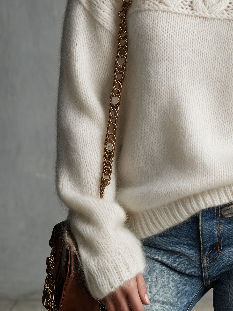 Retro Elegant White Round Neck Cable Knit Sweater