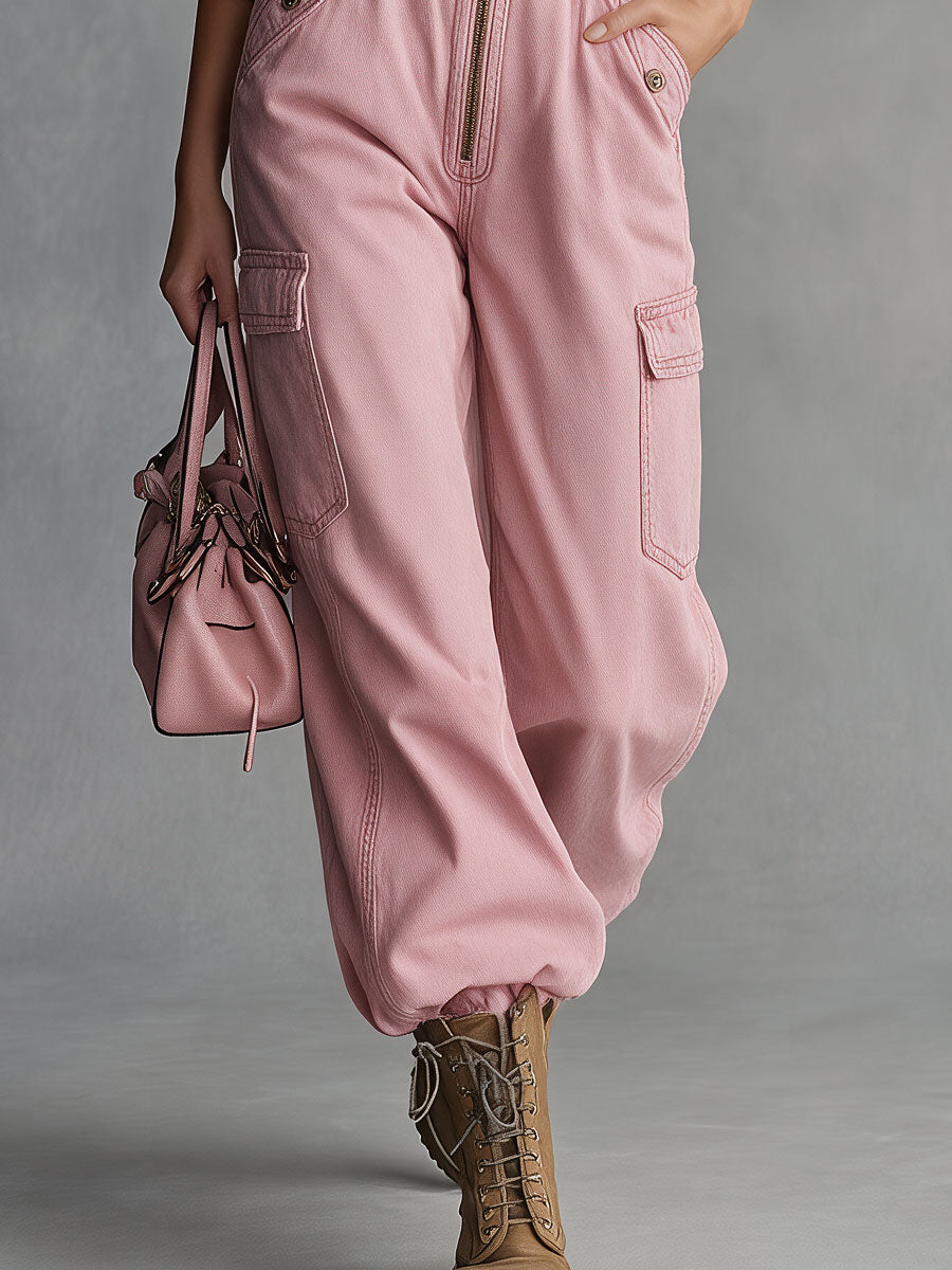 Stylish Retro Pink Collared Zipper Belt Multi-Pocket Denim Jumpsuit