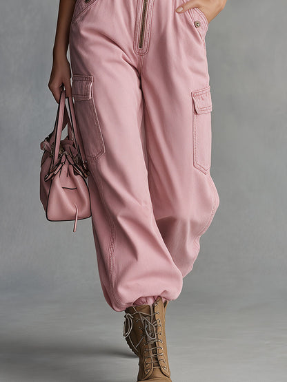 Stylish Retro Pink Collared Zipper Belt Multi-Pocket Denim Jumpsuit