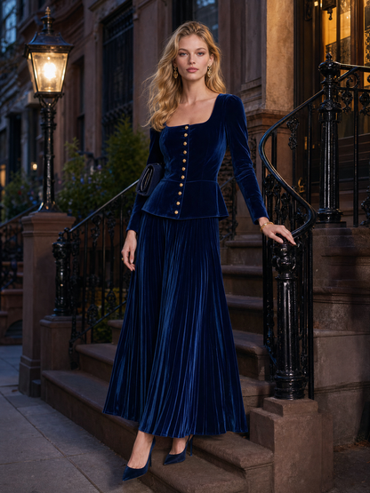 Royal Blue Velvet Pleated Skirt Set With A Retro Casual And Elegant Style
