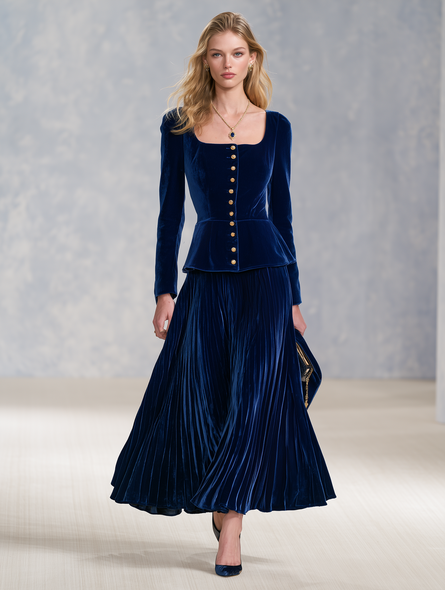 Royal Blue Velvet Pleated Skirt Set With A Retro Casual And Elegant Style