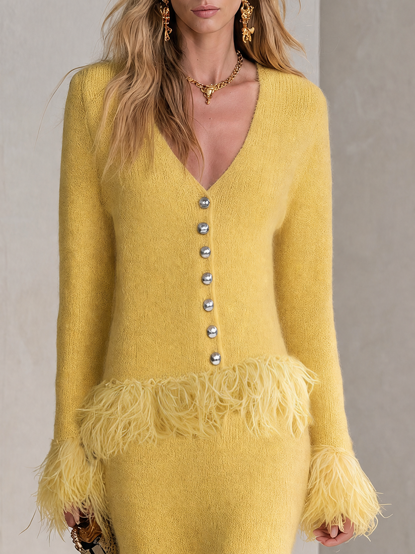 Retro-chic Yellow Knitted Skirt Set With Feather Fringe Details