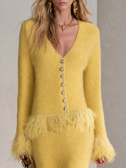 Retro-chic Yellow Knitted Skirt Set With Feather Fringe Details