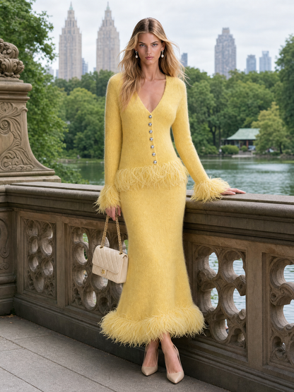 Retro-chic Yellow Knitted Skirt Set With Feather Fringe Details
