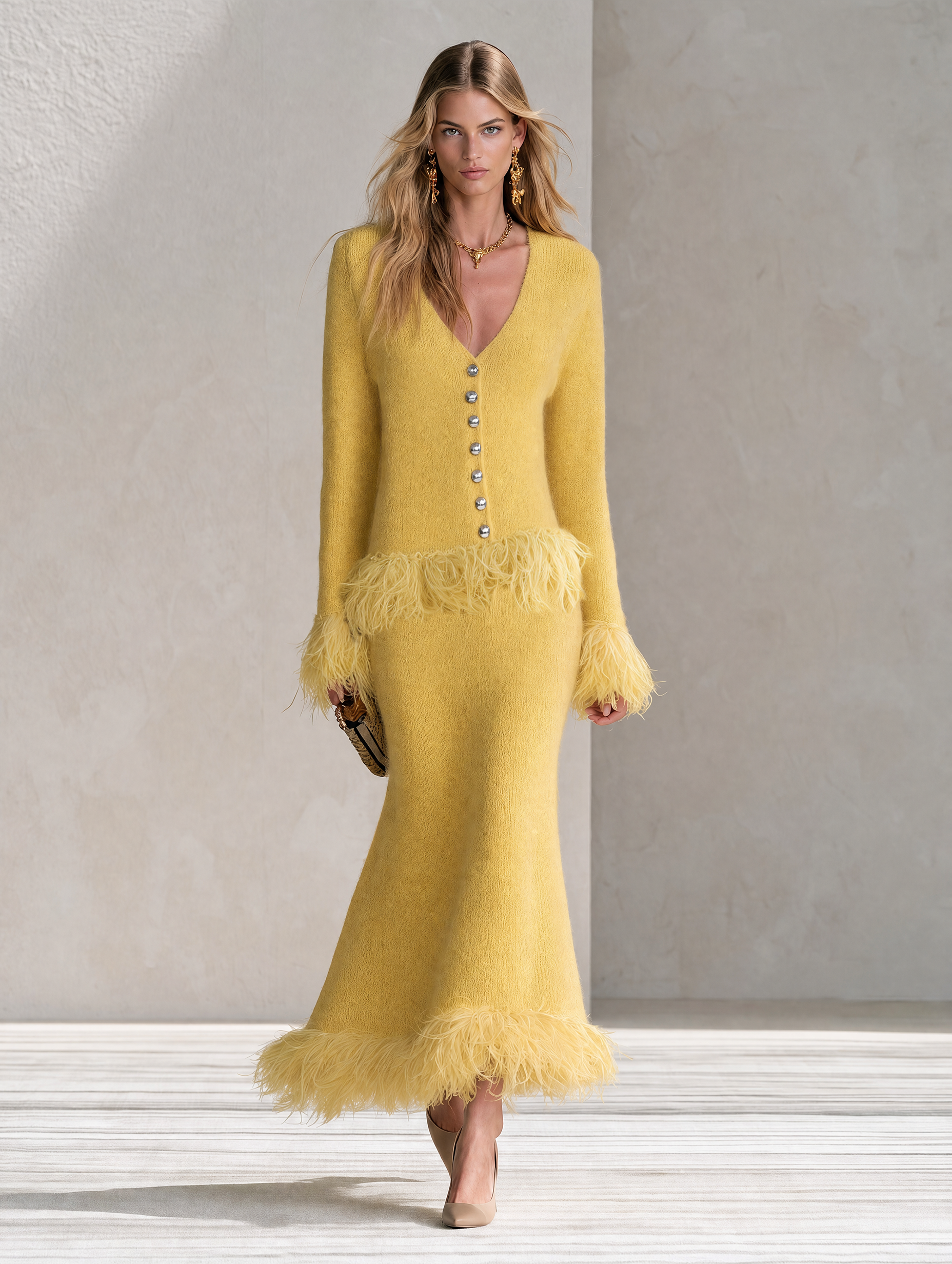 Retro-chic Yellow Knitted Skirt Set With Feather Fringe Details