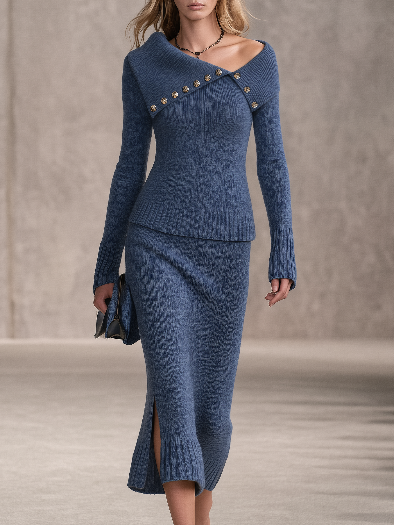 Retro-chic Blue Knitted Skirt Set With An Oversized Collar