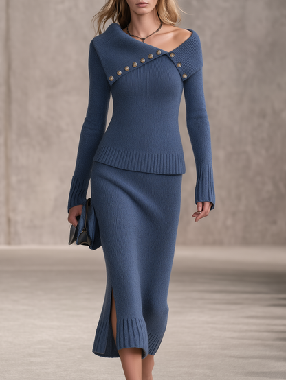 Retro-chic Blue Knitted Skirt Set With An Oversized Collar