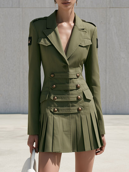 Elegant Retro Military Green Pleated Epaulette Mini Dress