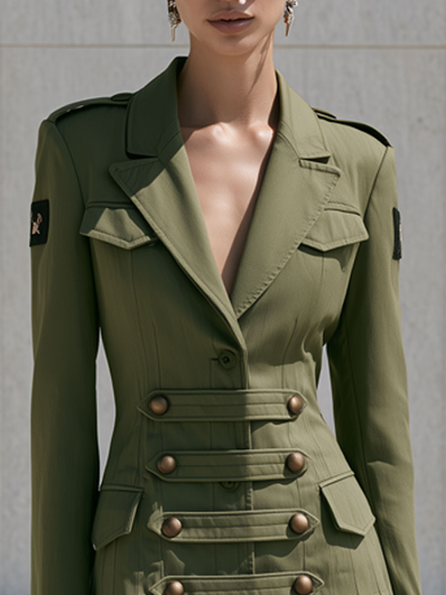 Elegant Retro Military Green Pleated Epaulette Mini Dress
