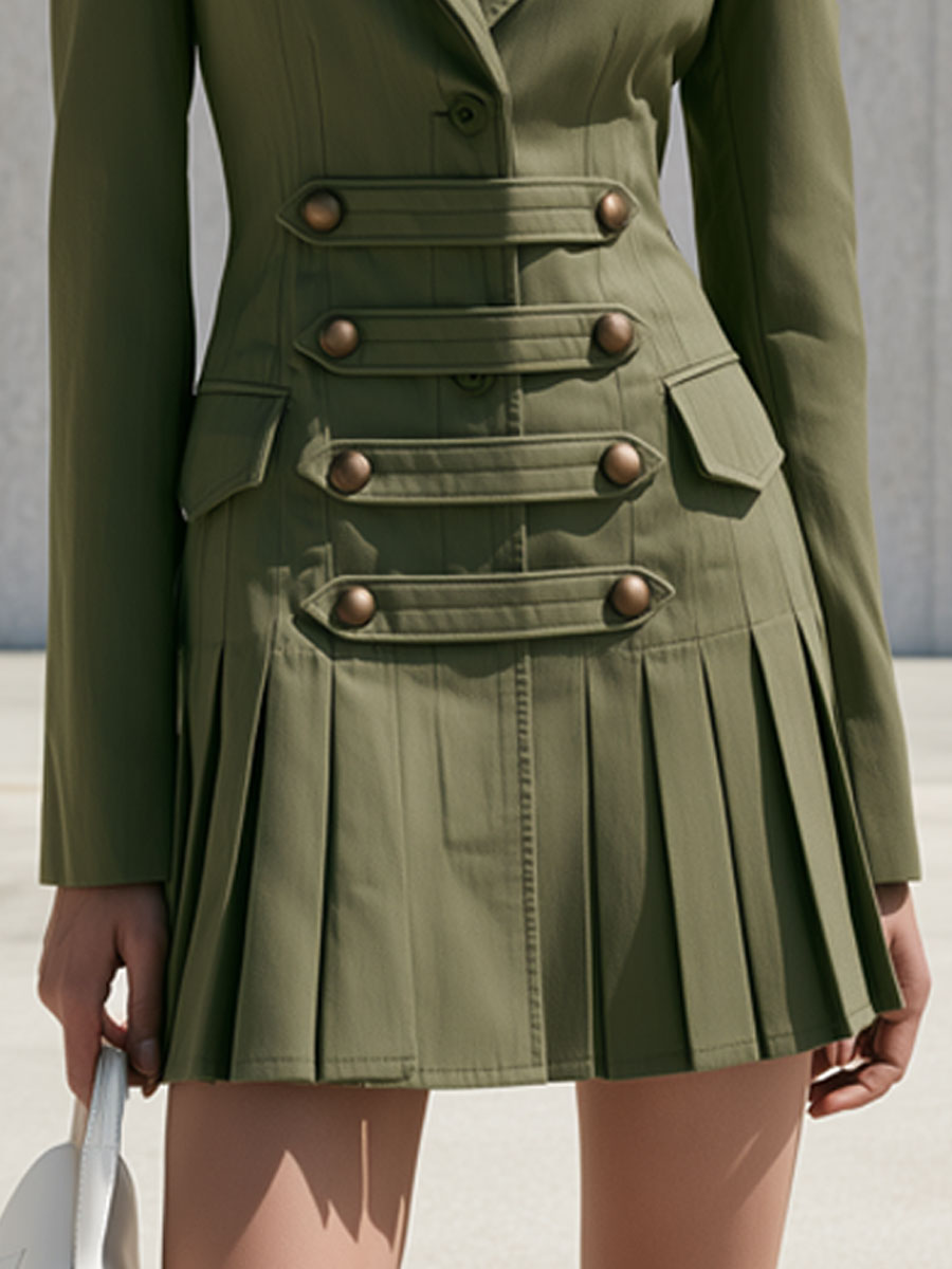 Elegant Retro Military Green Pleated Epaulette Mini Dress