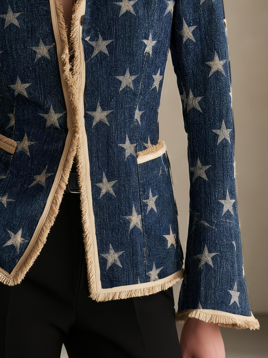 Women’s Star Print Fringe Denim Blazer Western Statement Jacket