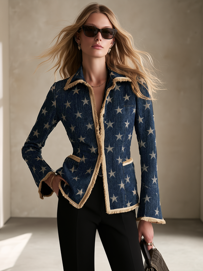 Women’s Star Print Fringe Denim Blazer Western Statement Jacket
