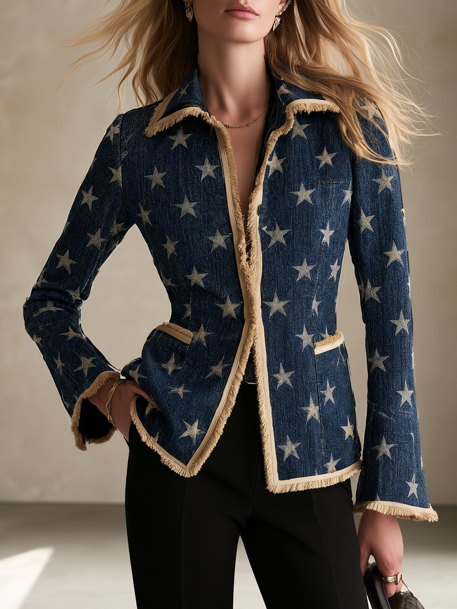 Women’s Star Print Fringe Denim Blazer Western Statement Jacket