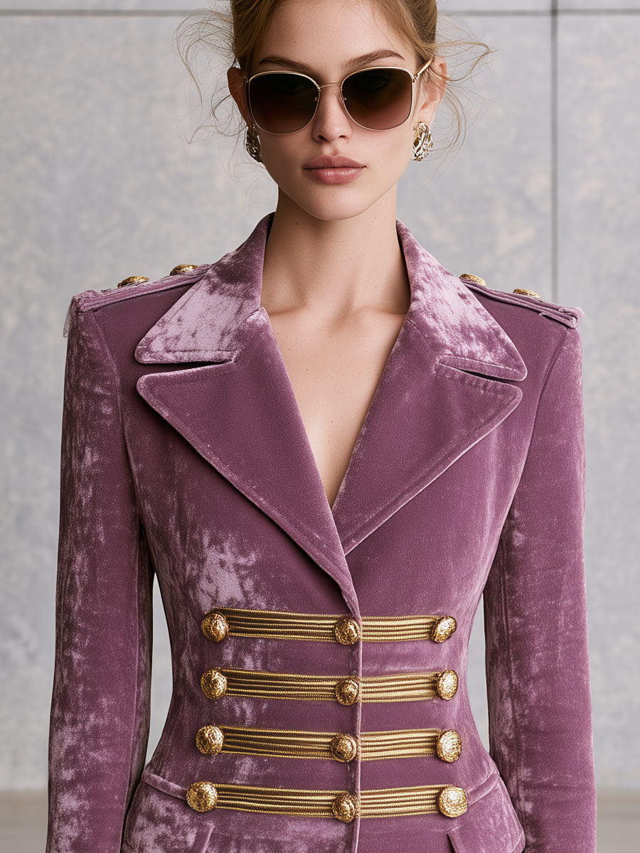 Elegant Retro Military Style Light Purple Velvet Blazer