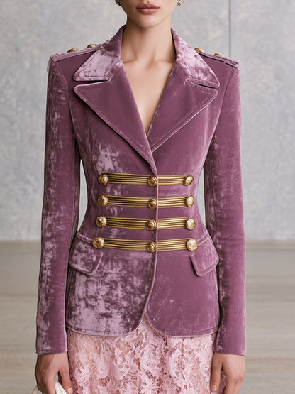 Elegant Retro Military Style Light Purple Velvet Blazer