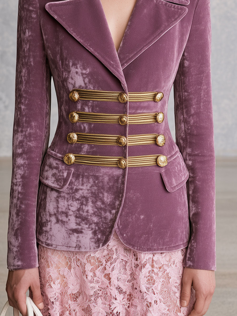 Elegant Retro Military Style Light Purple Velvet Blazer