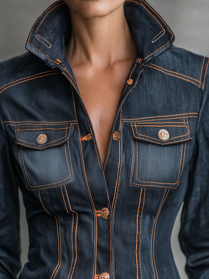 Women’s Fitted Dark Wash Denim Jacket With Orange Contrast Stitching