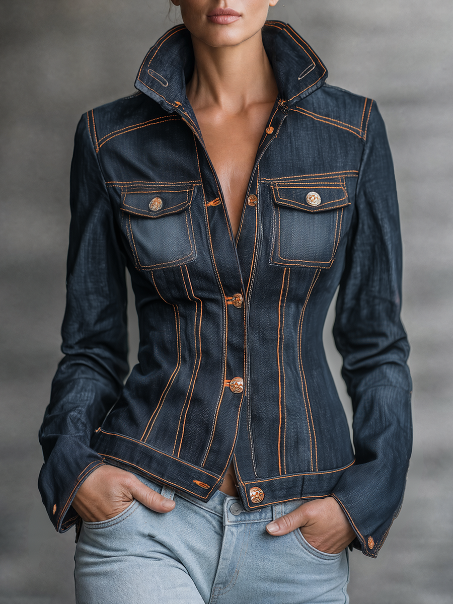 Women’s Fitted Dark Wash Denim Jacket With Orange Contrast Stitching