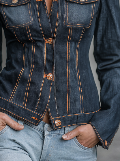 Women’s Fitted Dark Wash Denim Jacket With Orange Contrast Stitching