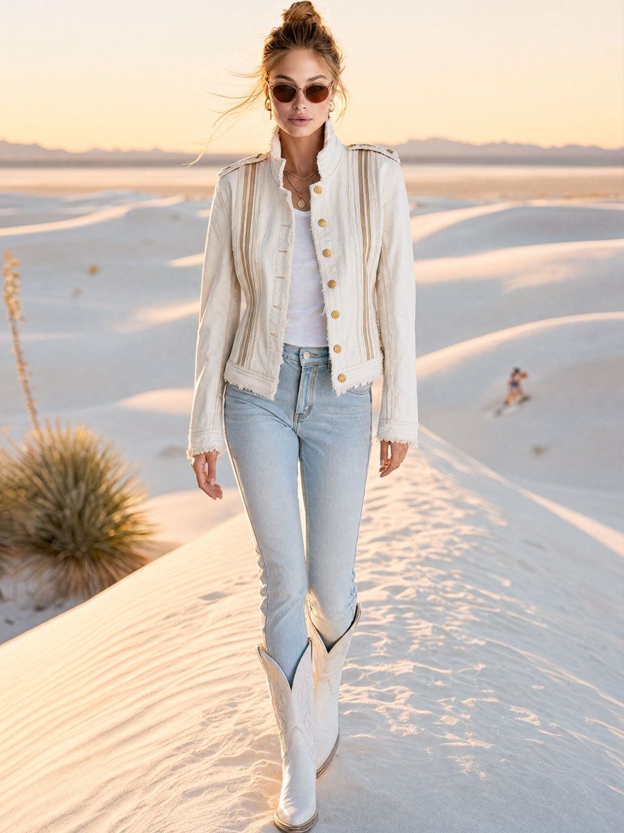 Casual Retro Frayed Off-white Denim Military Style Jacket