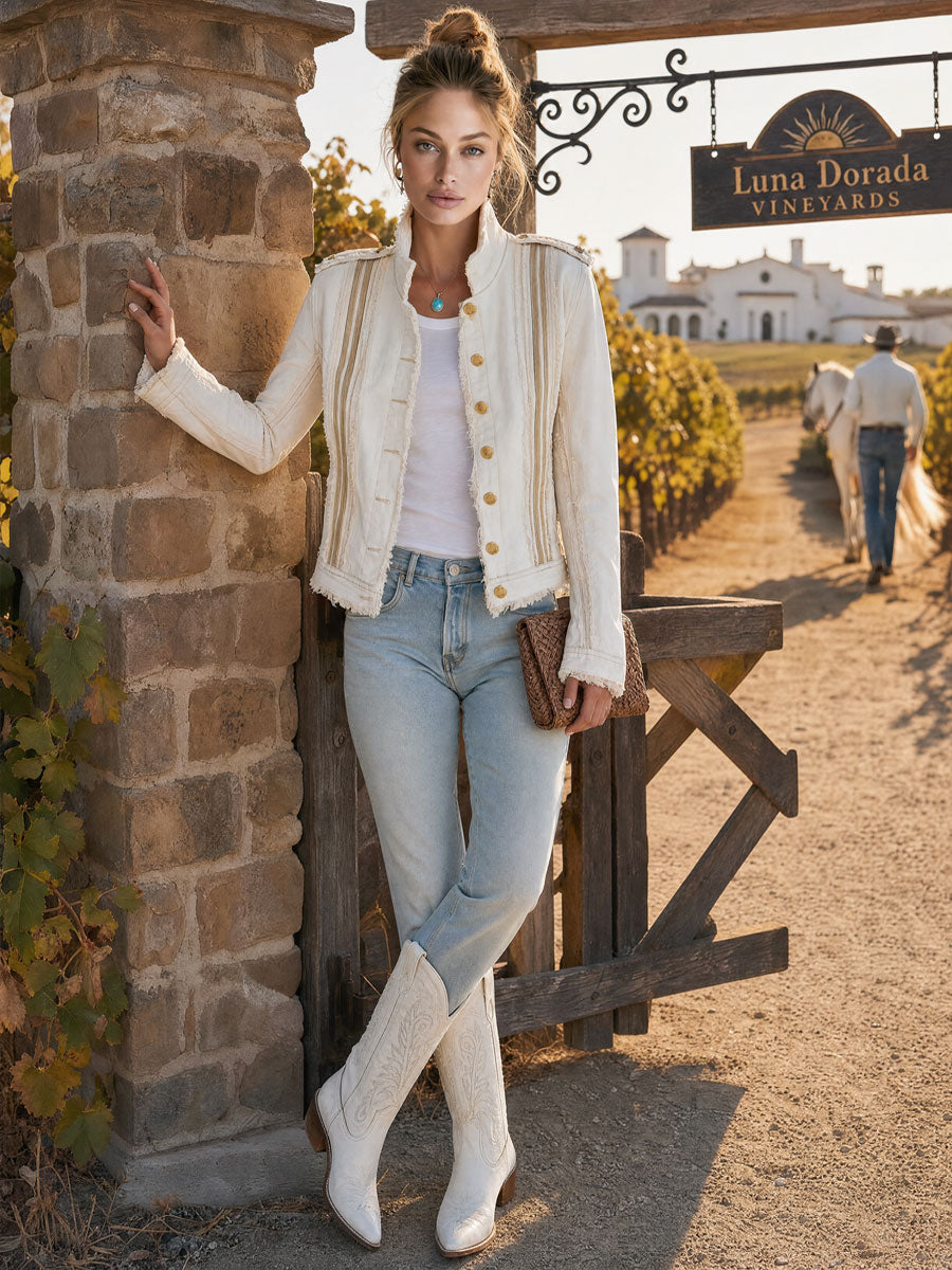 Casual Retro Frayed Off-white Denim Military Style Jacket