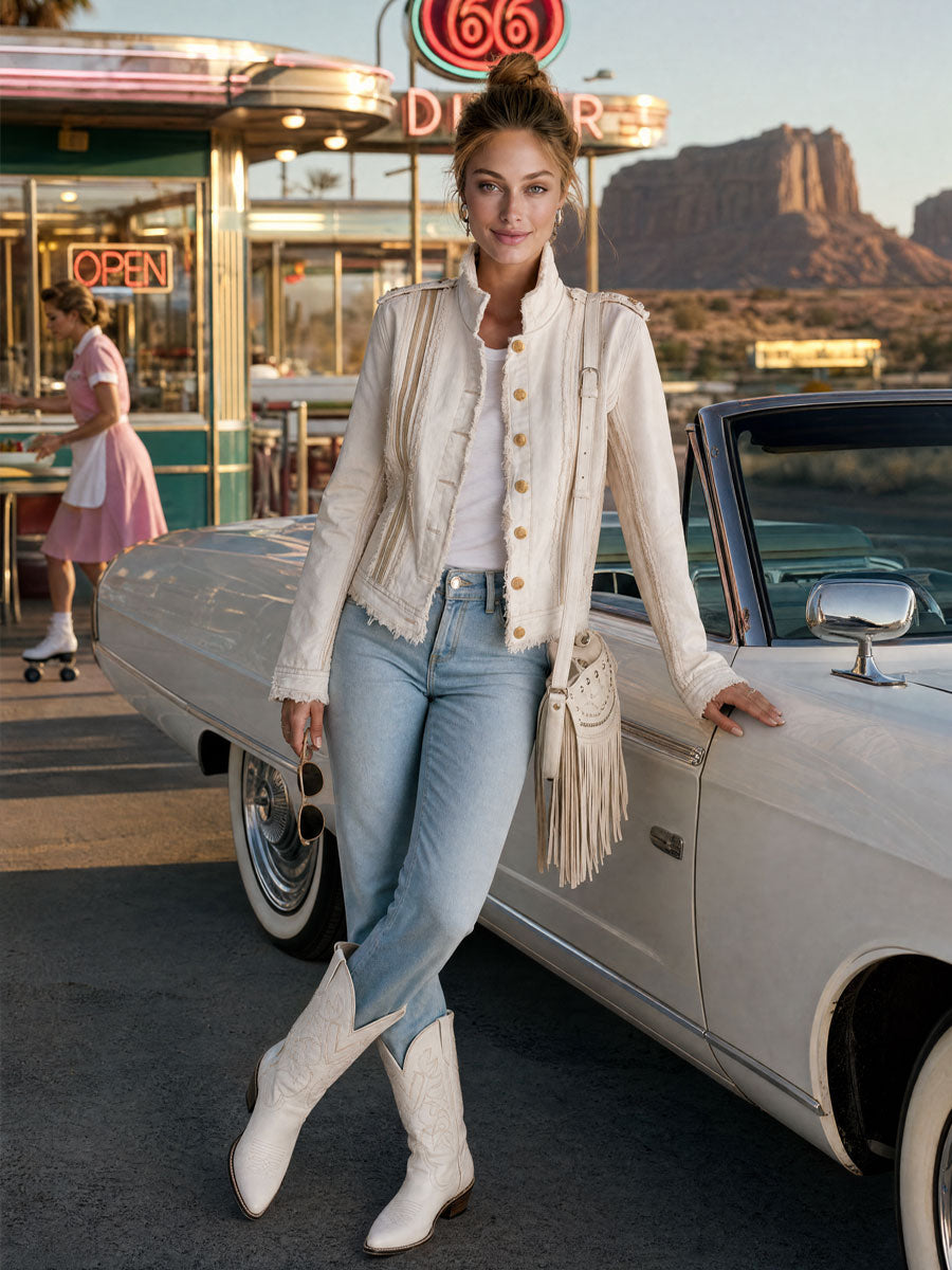 Casual Retro Frayed Off-white Denim Military Style Jacket