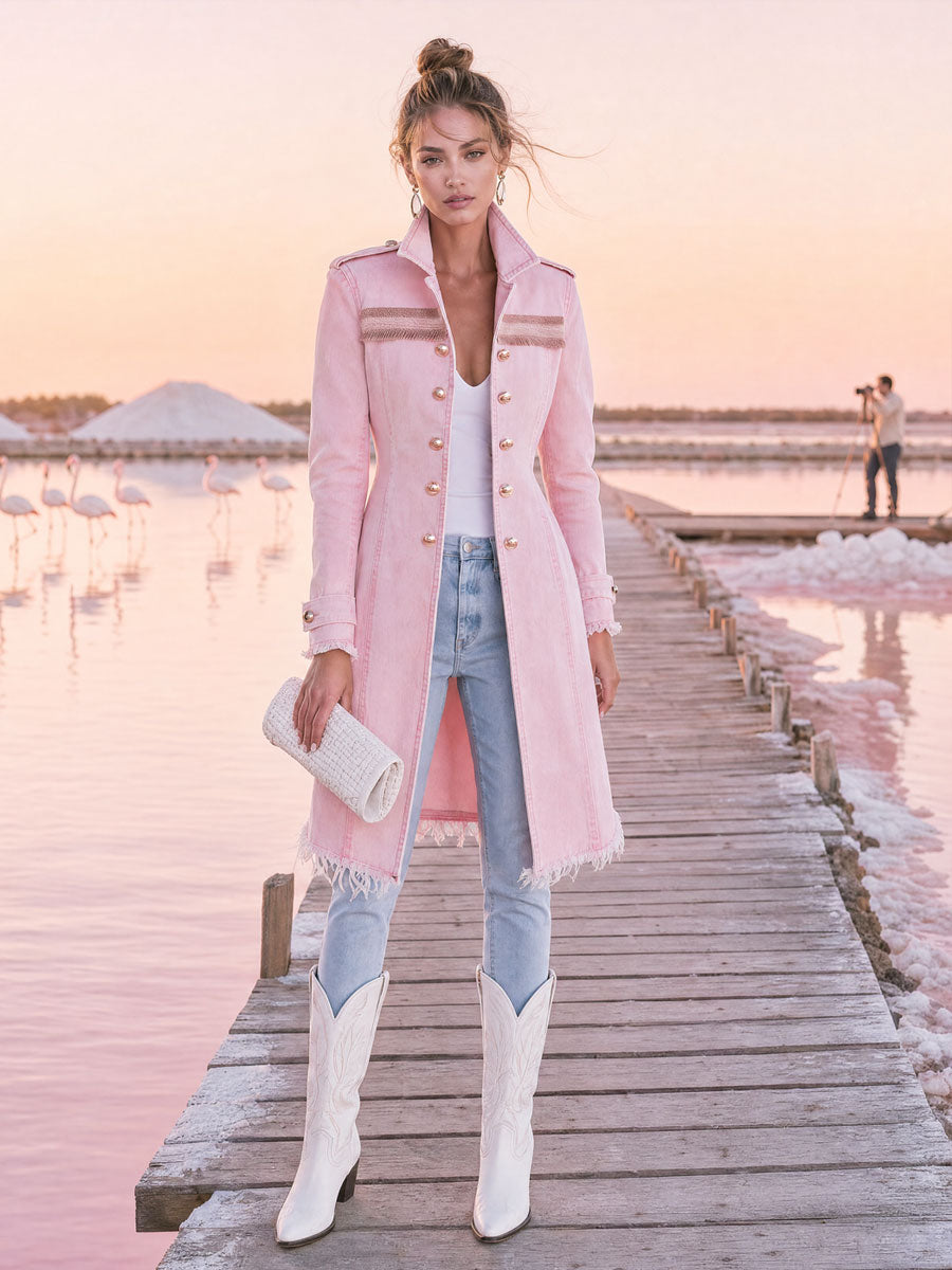 Fashionable Retro-style Frayed Pink Faded Denim Military-style Coat
