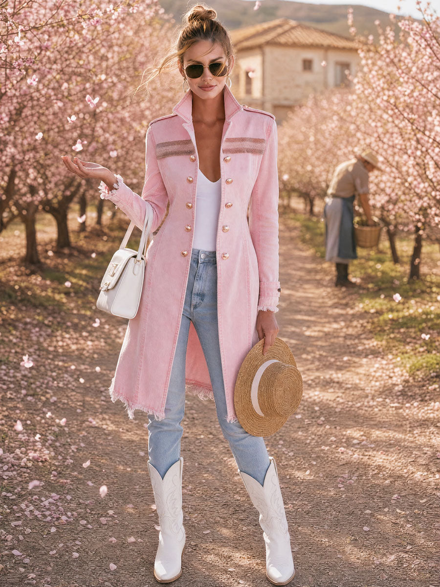 Fashionable Retro-style Frayed Pink Faded Denim Military-style Coat