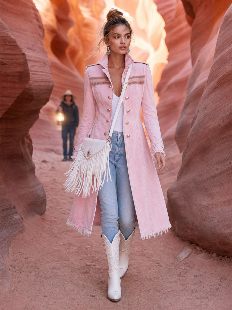 Fashionable Retro-style Frayed Pink Faded Denim Military-style Coat
