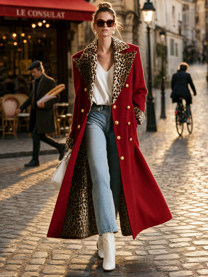 Elegant Retro Velvet Leopard Print Patchwork Red Coat