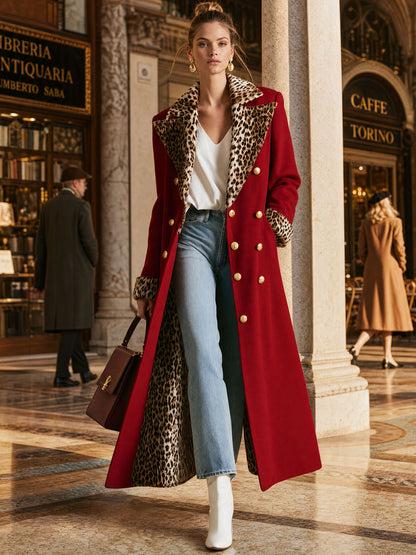 Elegant Retro Velvet Leopard Print Patchwork Red Coat