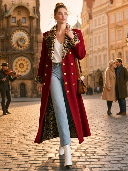 Elegant Retro Velvet Leopard Print Patchwork Red Coat