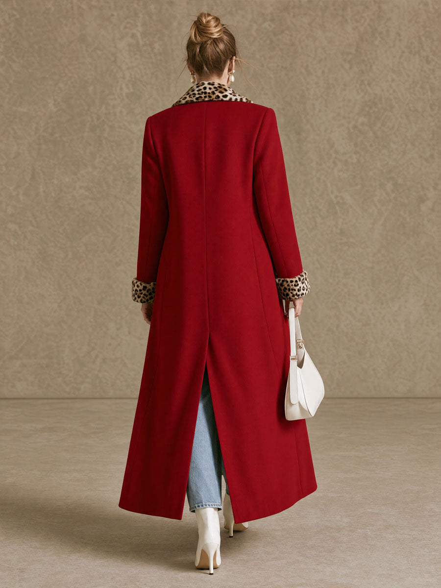 Elegant Retro Velvet Leopard Print Patchwork Red Coat