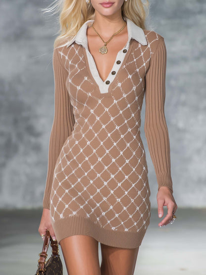 Old Money Camel Diamond Knit Collared V Neck Bodycon Mini Sweater Dress