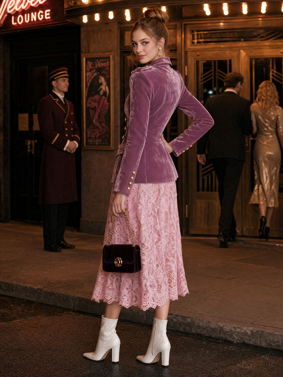 Elegant Retro Military Style Light Purple Velvet Blazer