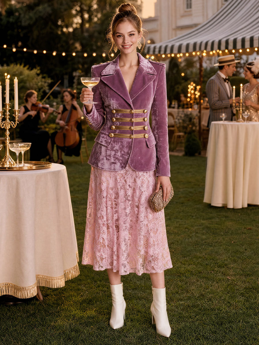 Elegant Retro Military Style Light Purple Velvet Blazer