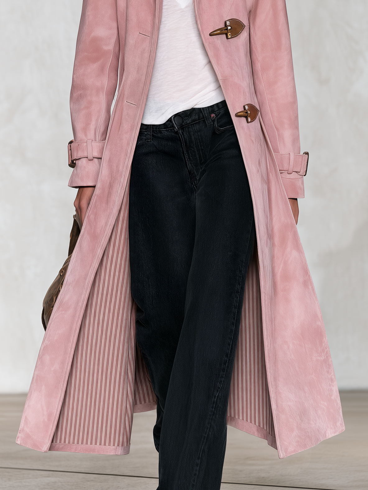 Faux Suede Coat With Pink-Brown Vertical Stripe Print Lining – Retro, Casual, And Elegant Style