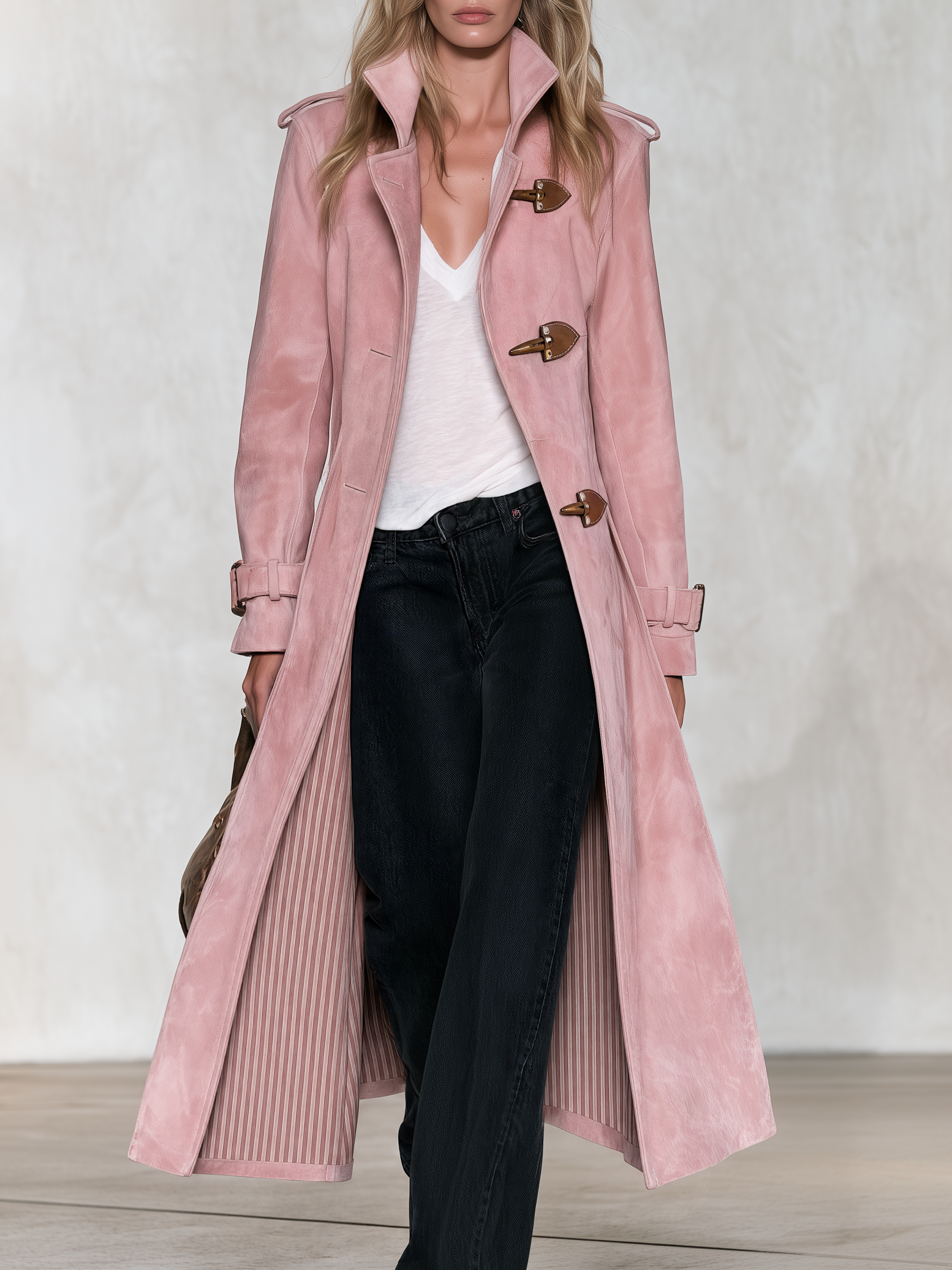 Faux Suede Coat With Pink-Brown Vertical Stripe Print Lining – Retro, Casual, And Elegant Style