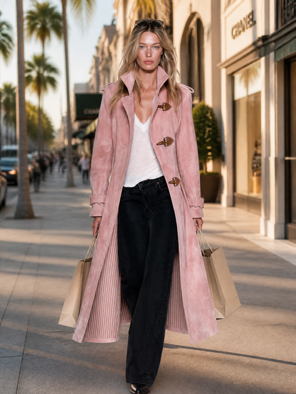 Faux Suede Coat With Pink-Brown Vertical Stripe Print Lining – Retro, Casual, And Elegant Style