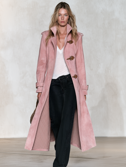 Faux Suede Coat With Pink-Brown Vertical Stripe Print Lining – Retro, Casual, And Elegant Style