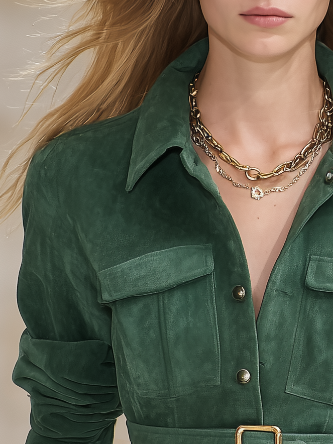 Green Faux-suede Shirt With A Retro Casual And Elegant Style