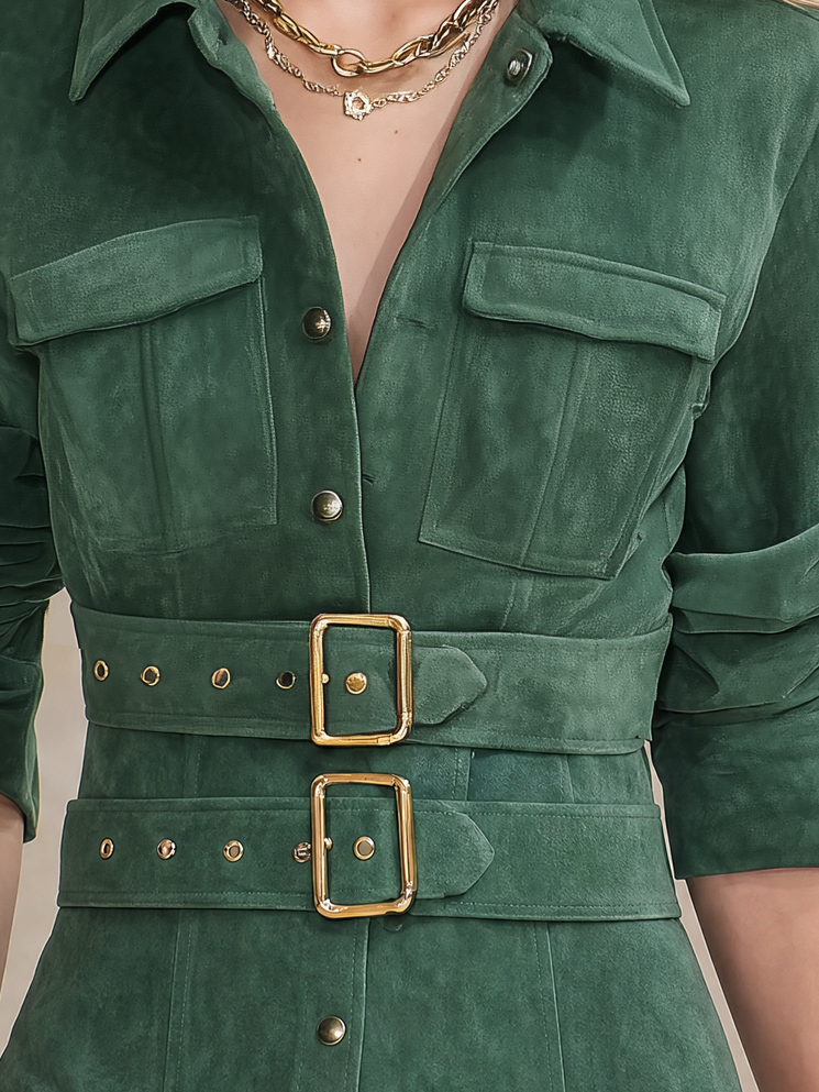 Green Faux-suede Shirt With A Retro Casual And Elegant Style