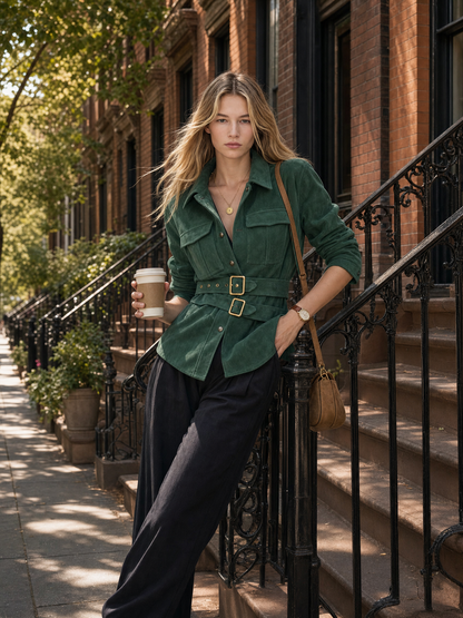 Green Faux-suede Shirt With A Retro Casual And Elegant Style