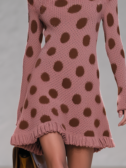 Retro-chic Boat-neck Knit Dress In Pink-brown With Polka Dots
