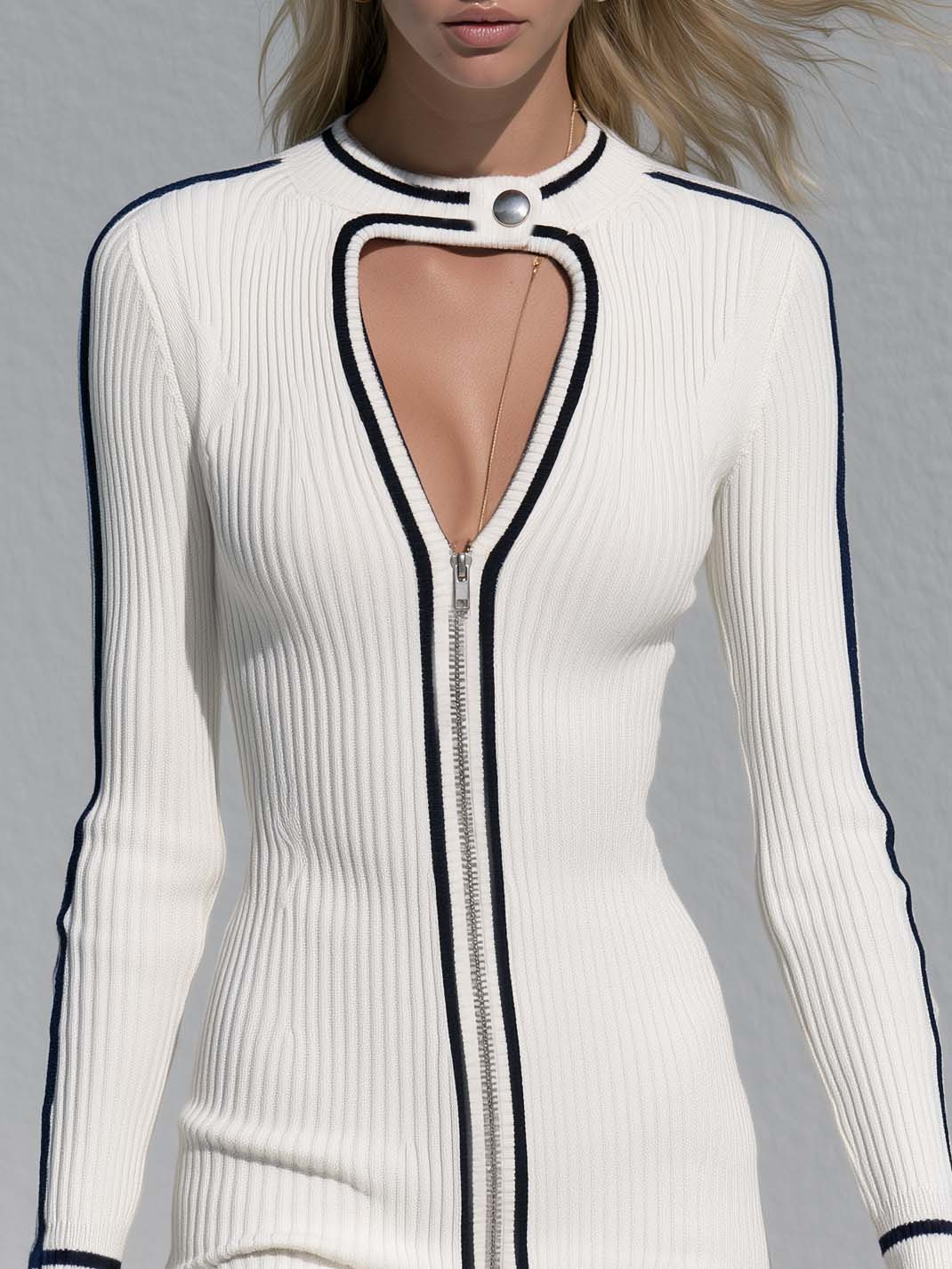 Sporty Chic White Ribbed Zip Front Cutout Knit Bodycon Mini Sweater Dress