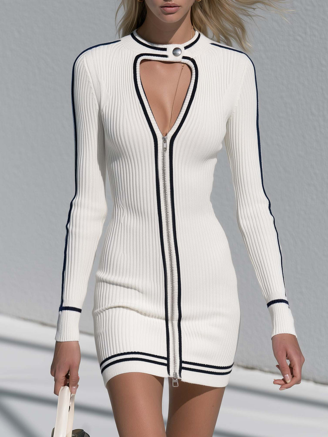 Sporty Chic White Ribbed Zip Front Cutout Knit Bodycon Mini Sweater Dress
