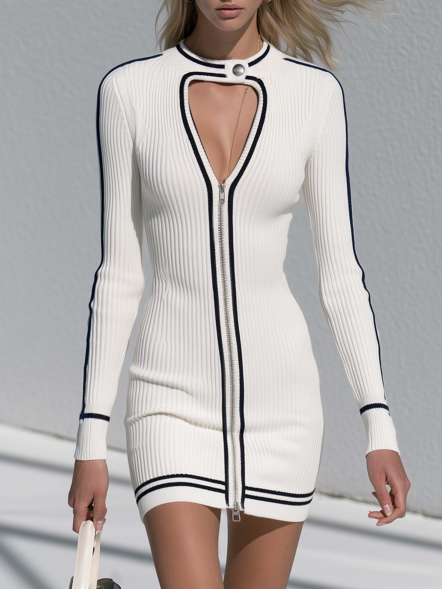 Sporty Chic White Ribbed Zip Front Cutout Knit Bodycon Mini Sweater Dress