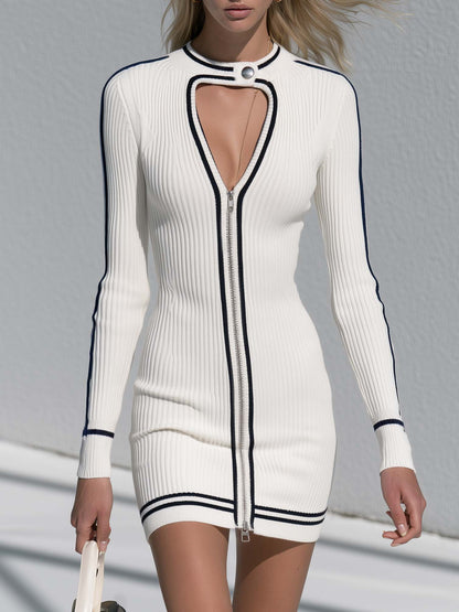 Sporty Chic White Ribbed Zip Front Cutout Knit Bodycon Mini Sweater Dress