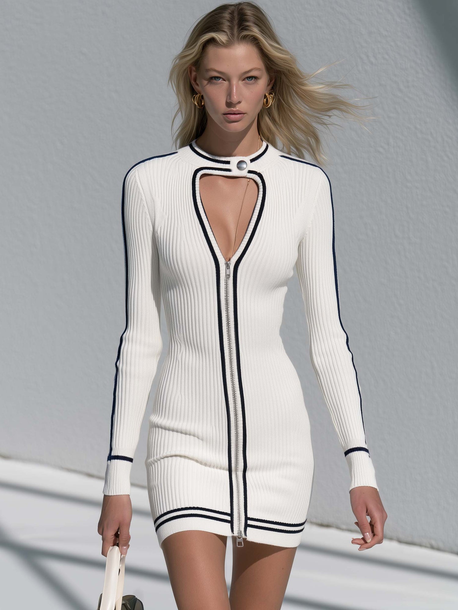 Sporty Chic White Ribbed Zip Front Cutout Knit Bodycon Mini Sweater Dress